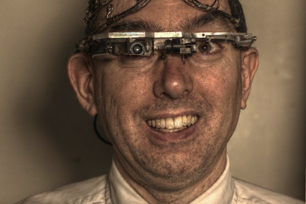 Prof. Steve Mann, shown here with his EyeTap augmented vision and MindMesh controller, began working on wearables in the 1980’s. © Courtesy of S. Mann, originally published in Encyclopedia of HumanComputer Interaction, The Interaction Design Foundation, 2012